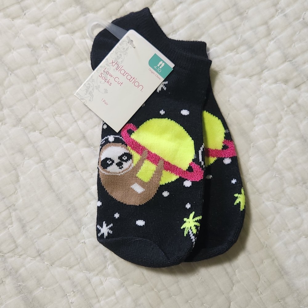Wild Fable Black Ankle Socks with Sloth and Neon Accents